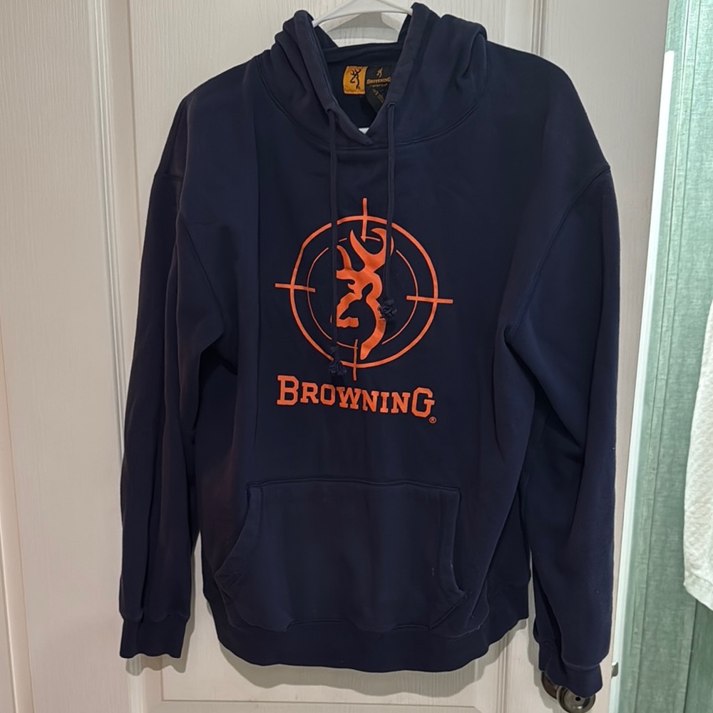 Medium Browning Men's Navy Blue Hoodie with Orange Logo